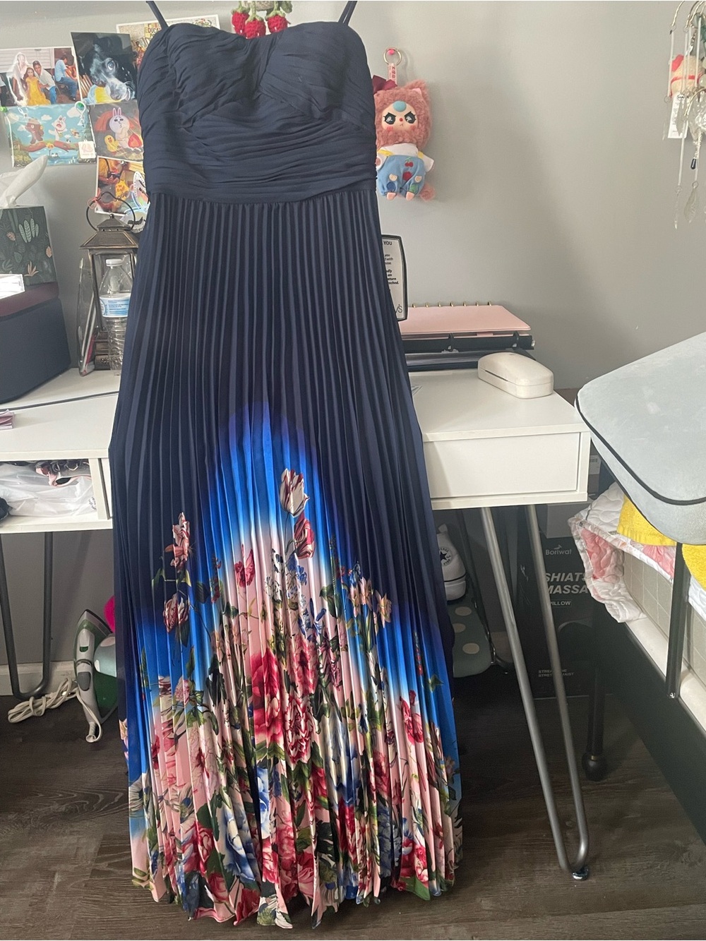 Xscape Navy Strapless Pleated Maxi Gown